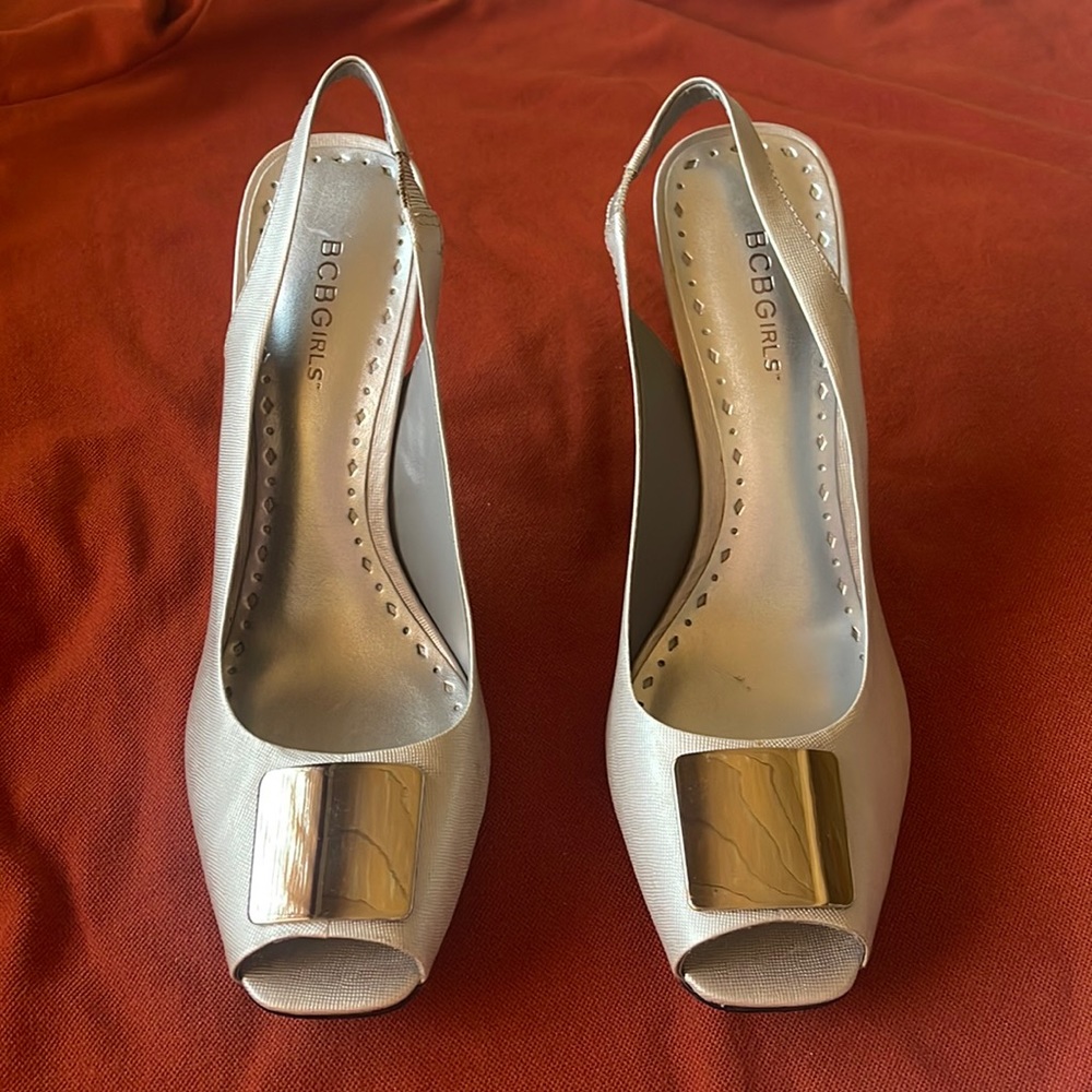 BCB Girls dress 4 1/2” silver color leather heels. Never worn